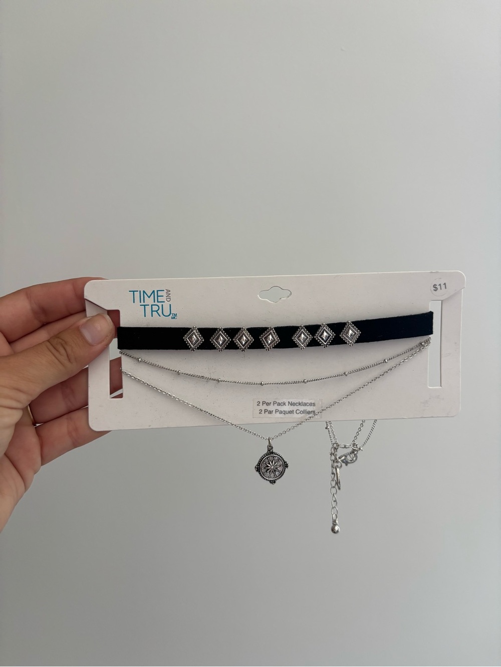 Time and Tru Black Velvet Choker with Silver Layered Chains